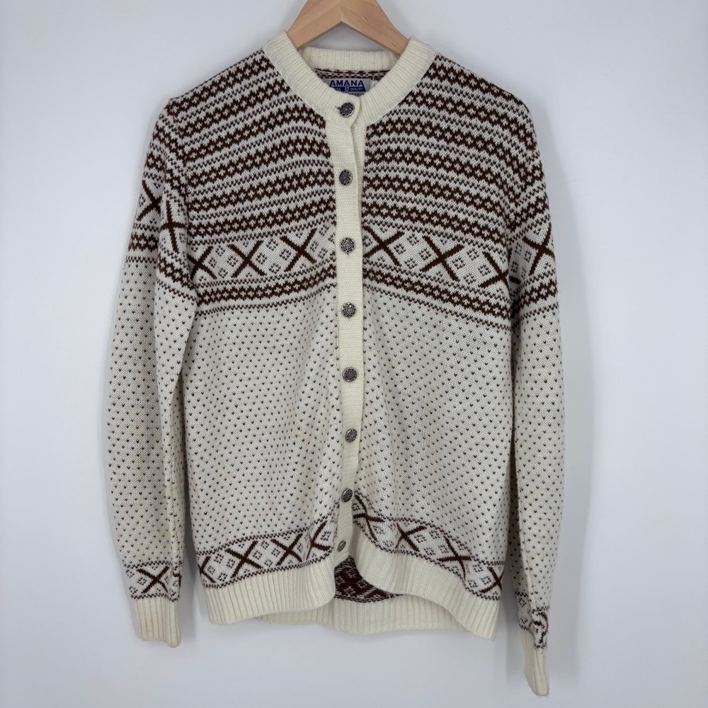 Vintage Amana Woolen Mill Fair Isle Cardigan Women 38 Nordic Sweater Orlon Cabin